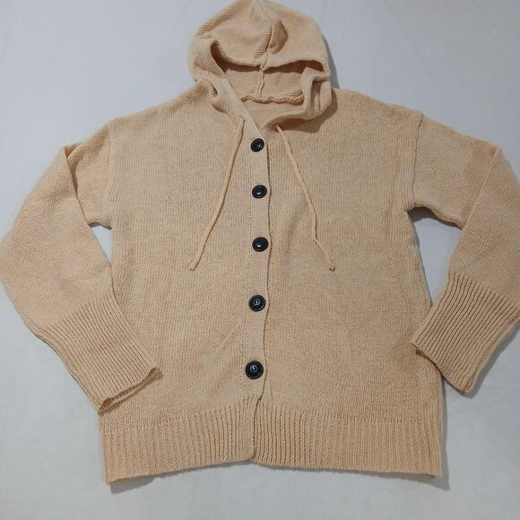 Knit Hooded Cardigan Sweater Womens Small Beige Button Front Drawstring Hoodie - Picture 7 of 7
